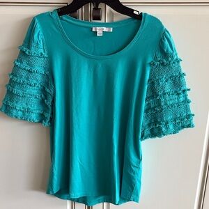 Chicos Turquoise Short Sleeve Top with Fringe Design
